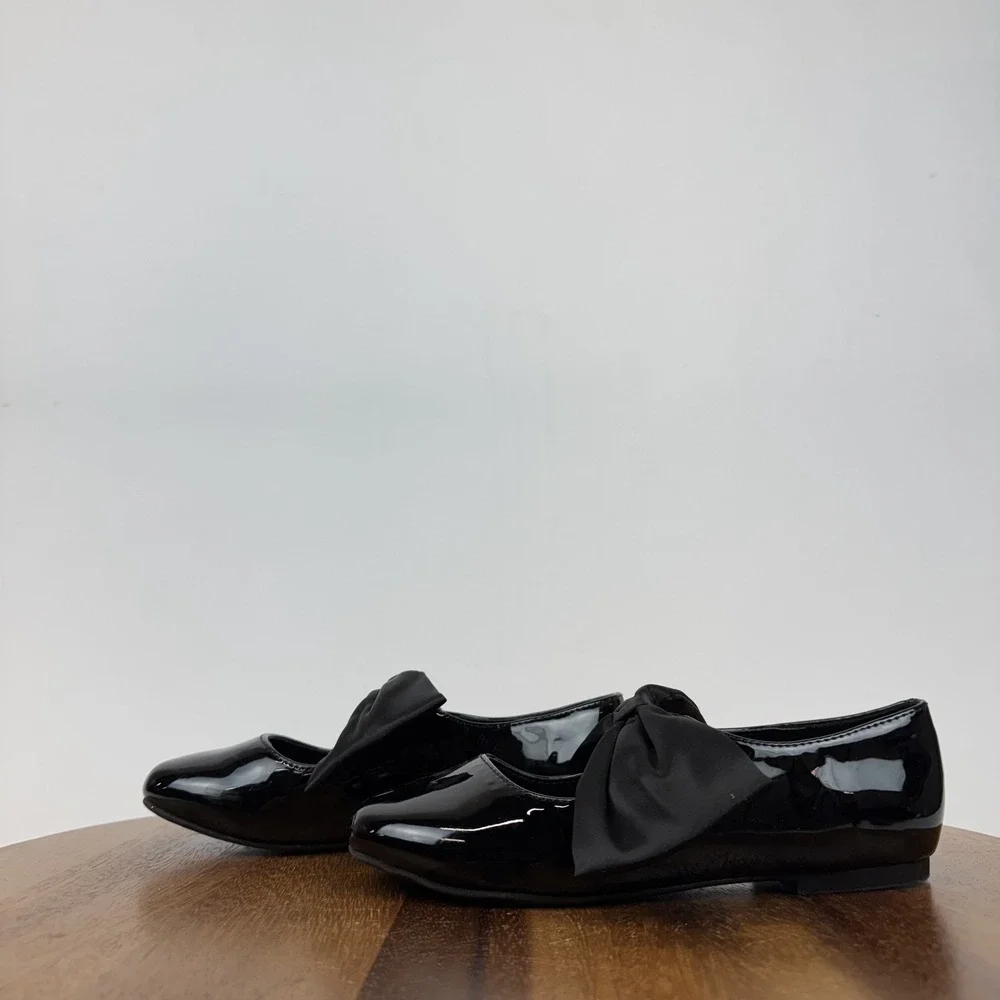 Big Kids Nordstrom‎ Posey Black Faux Patent Leather Bow Mary Jane Flats Size 1 Y